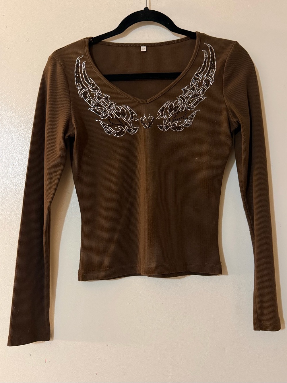 Y2K Inspired Rhinestone Ribbed Top Long Sleeve • Medium